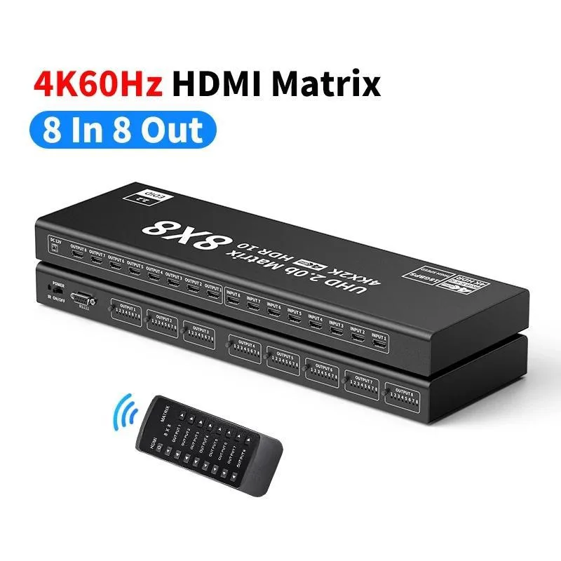 Black metal box with eight HDMI inputs and eight HDMI outputs on the rear, status LEDs on the front, and an IR remote included