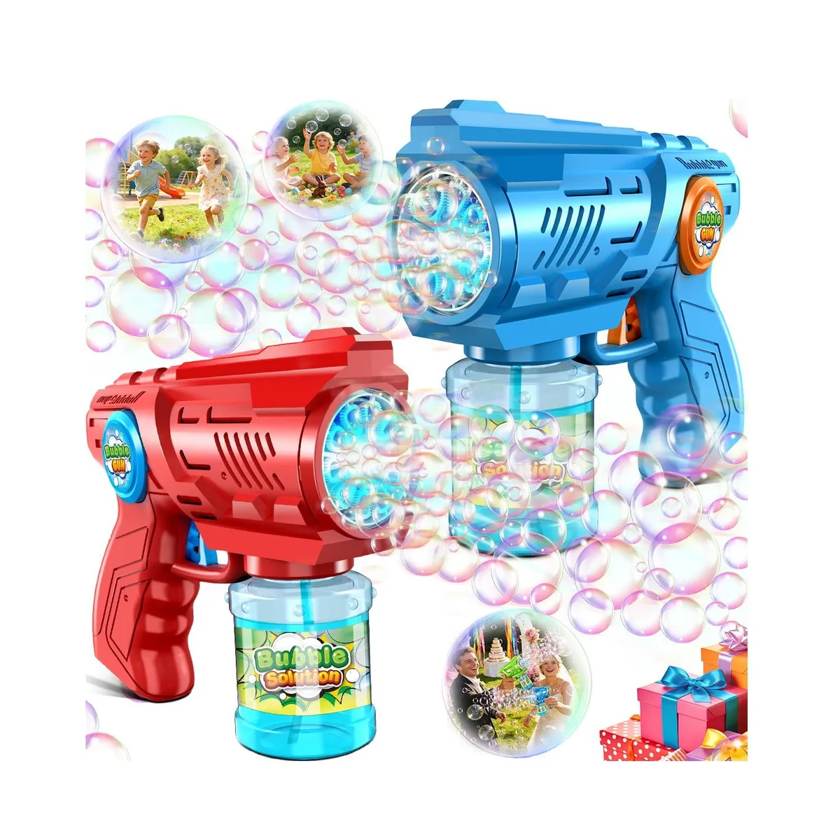 Two plastic bubble guns, one blue and one red, with LED lights and screw-in solution bottles