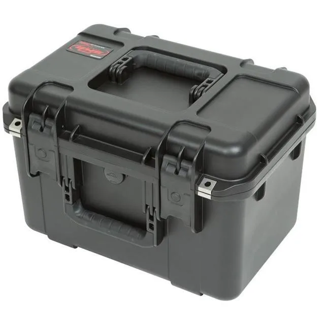 Black rectangular waterproof utility case with snap-down handle and trigger latches