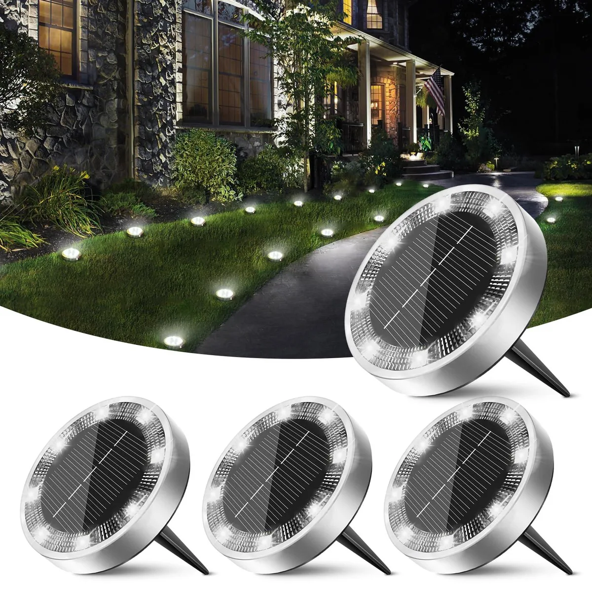 Four flat stainless steel solar discs with polycarbonate tops, cool white LEDs, ground spikes, 4 pack