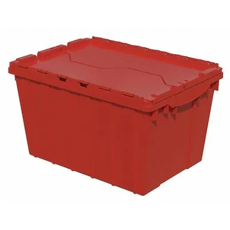 Red plastic storage tote with hinged lid attached 12 gallon capacity stackable design