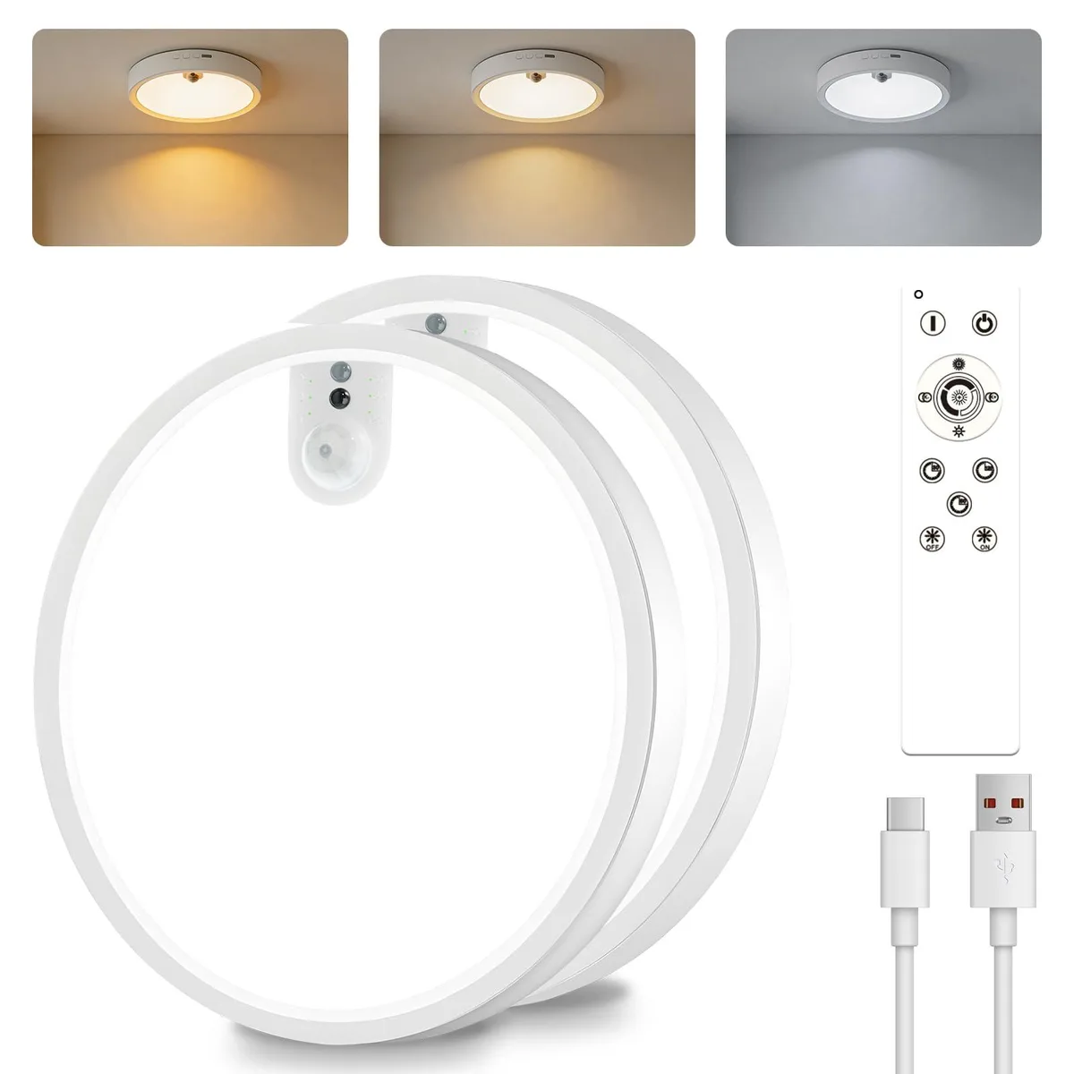 Two white rectangular ceiling lights with motion sensors