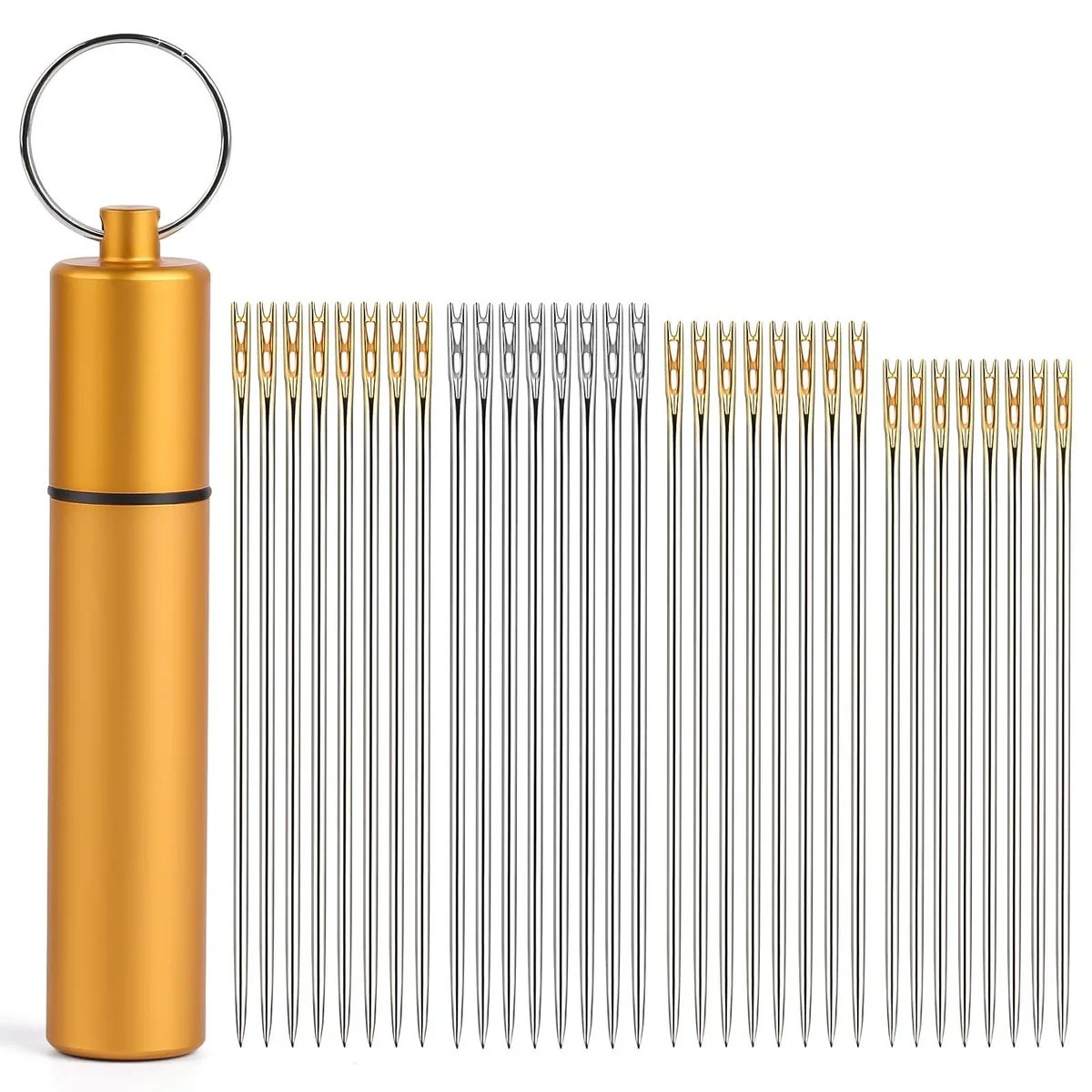 Forty gold self-threading needles with double-hole tips in a storage case