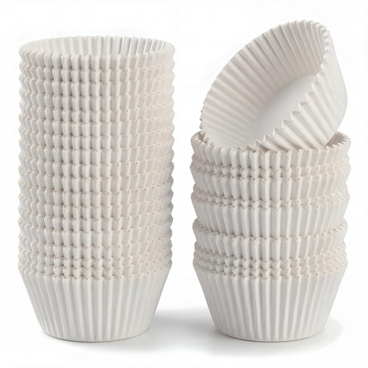 A stack of 200 white paper cupcake liners, standard size, smooth matte finish