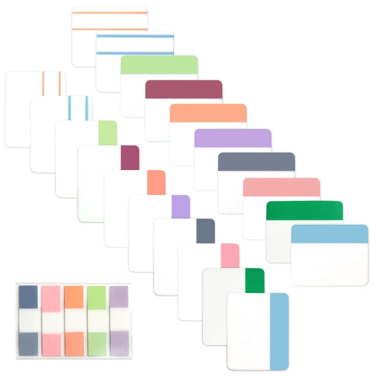 500 transparent multicolor sticky index tabs in 21 sets with 2 inch and 0.5 inch sizes