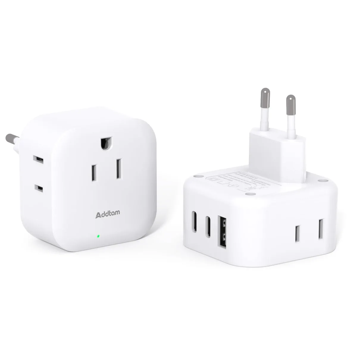 Two white travel adapters with three outlets and three USB ports each
