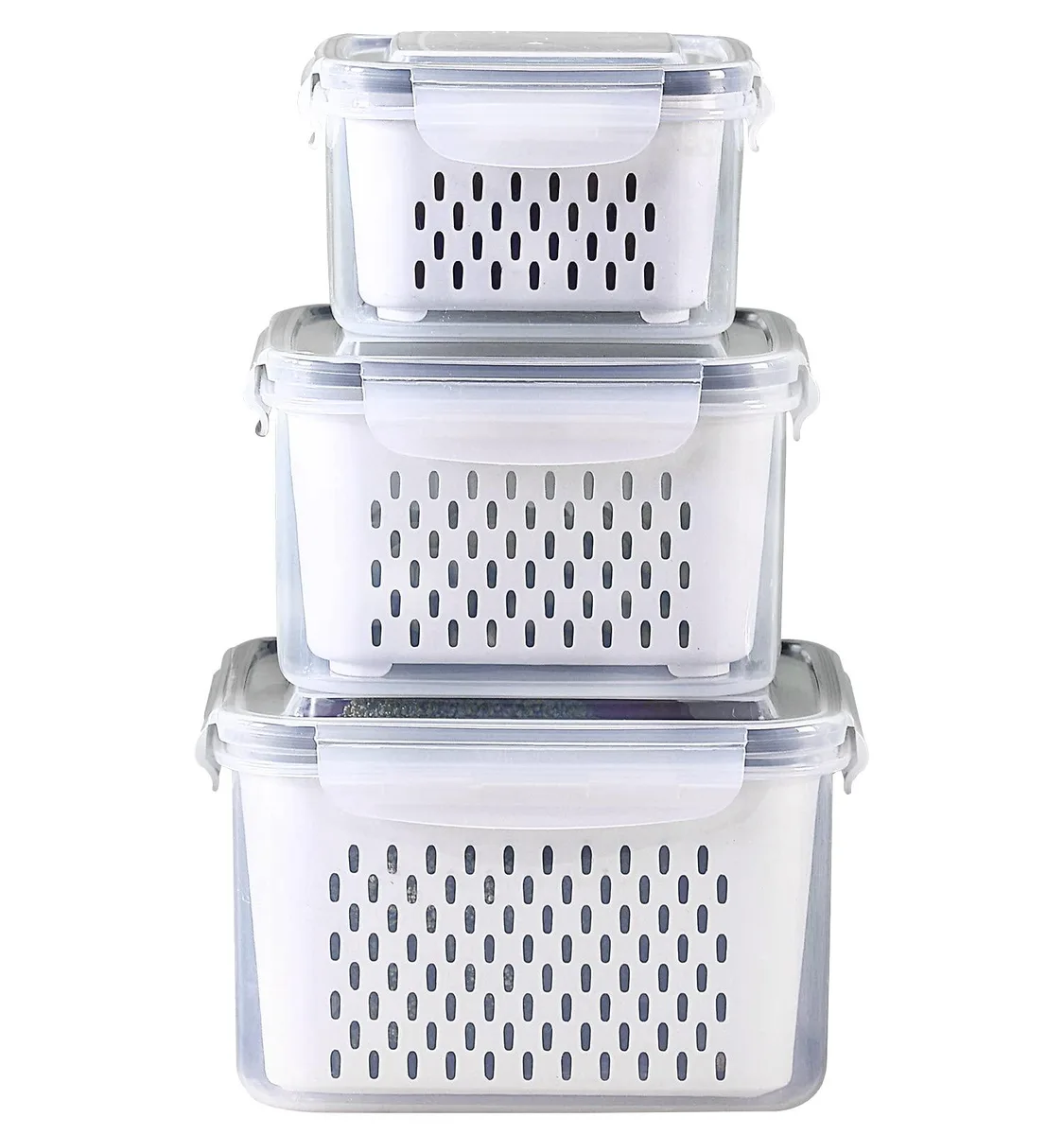 Three red rectangular food storage containers with matching lids and inner strainer baskets