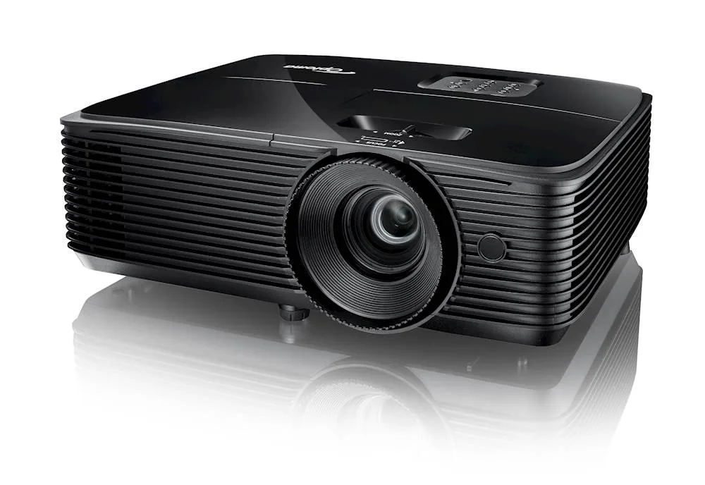Black rectangular DLP projector unit with lens and vents