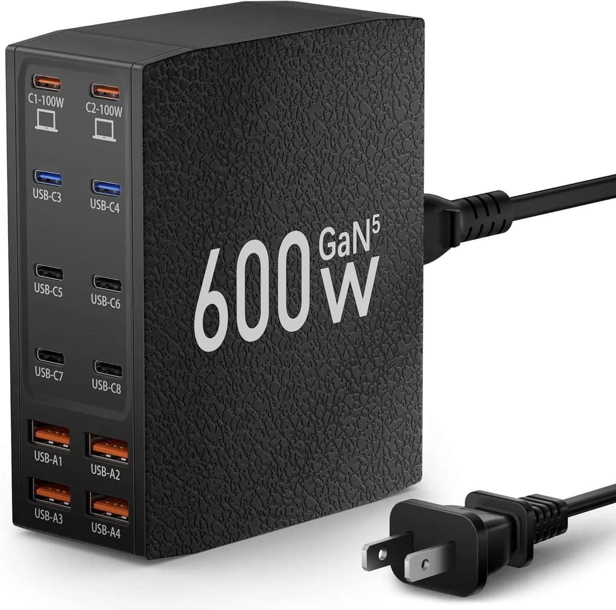 BFKK BFKK 600W 12-Port USB-C Charger Block, Dual PD 100W, Leather Texture, Black — product photo