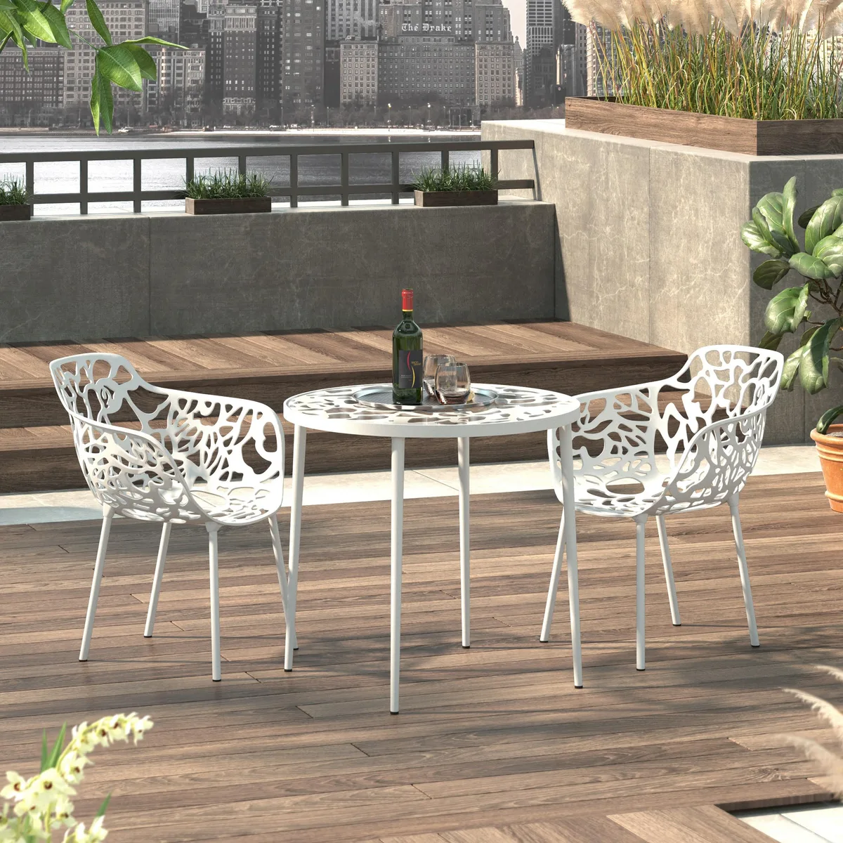 LeisureMod LeisureMod Devon Tree Design Glass Top Aluminum Bistro Table, White — product photo