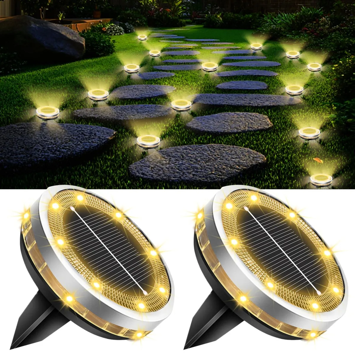 Two stainless-steel solar ground lights with polished chrome finish and ABS housing