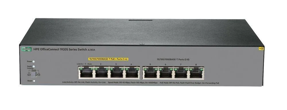 Compact silver network switch, eight ports, rack ears visible