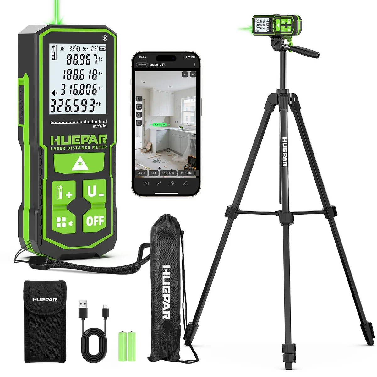  Huepar 395FT Bluetooth Green Laser Measuring Tool S120-G-BT — product photo
