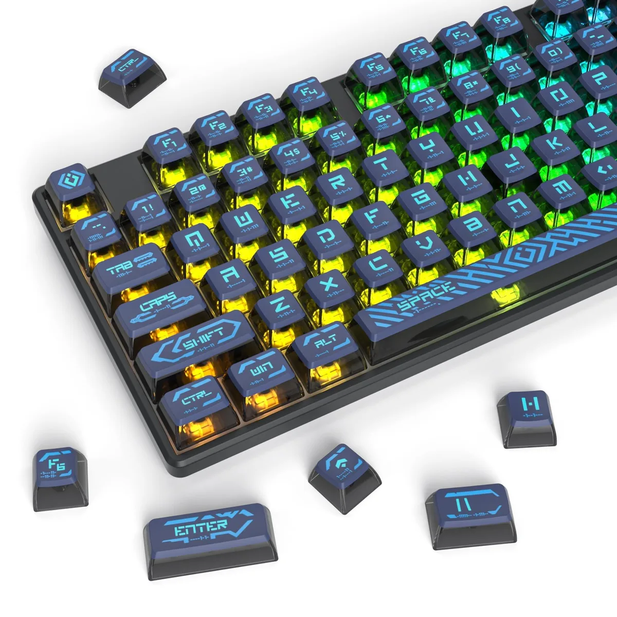 Set of 120 PBT pudding keycaps in punk blue ASA profile with translucent legends