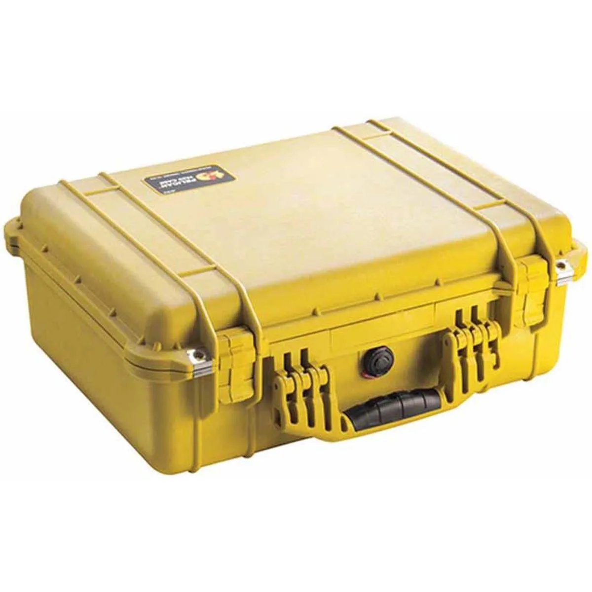Yellow Pelican 1520 protective case, hard copolymer shell, folding handle, no wheels, empty interior
