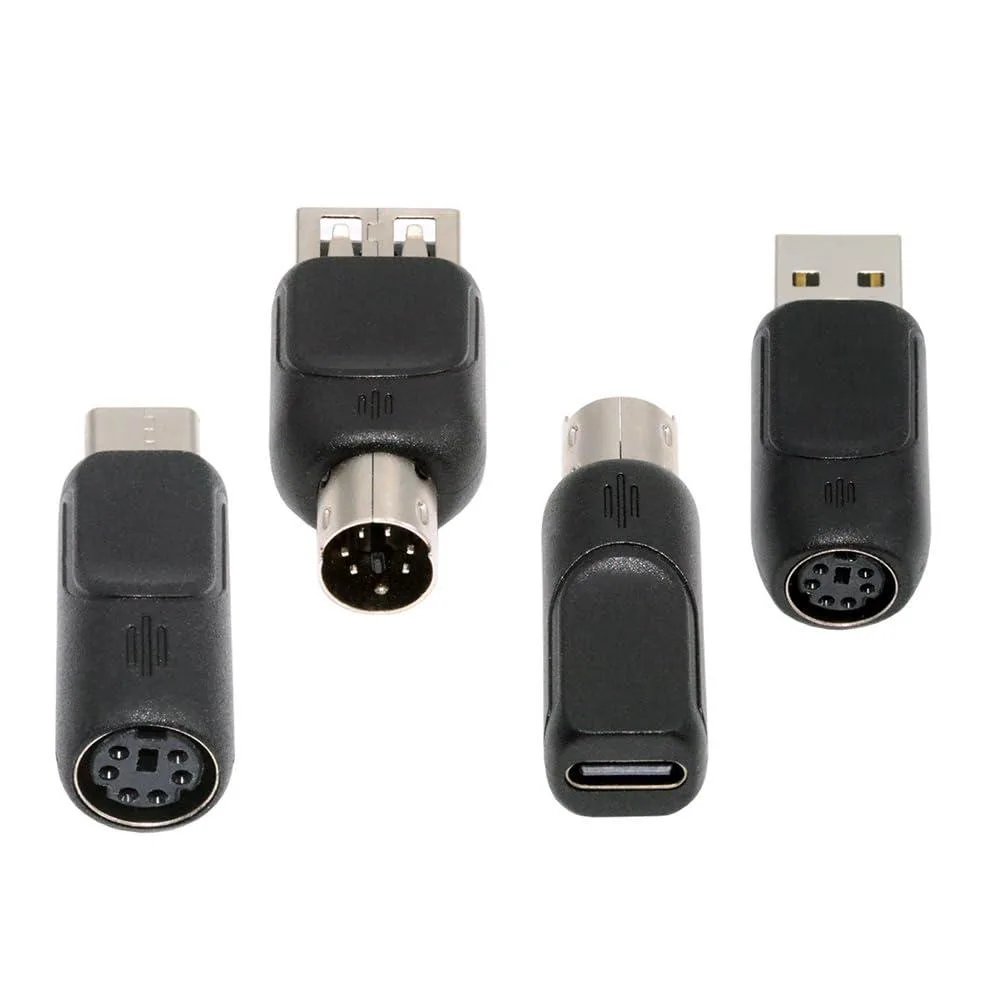 Set of four small USB 2.0 to PS/2 adapters, mixed male and female connectors