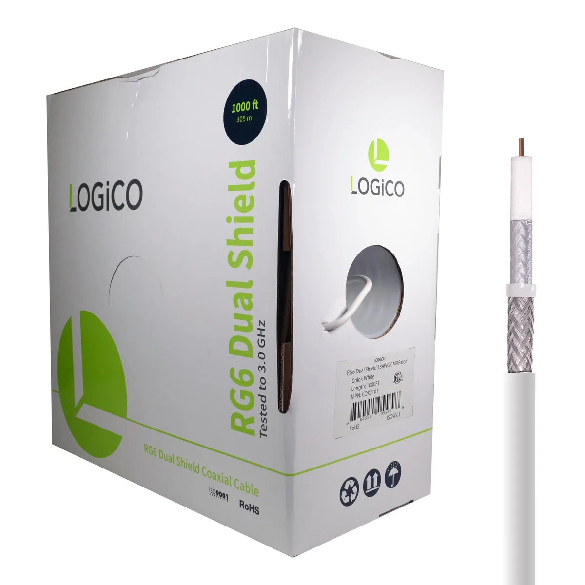 Logico Logico COX3101 RG6 Dual Shield Coaxial Cable 1000ft White — product photo