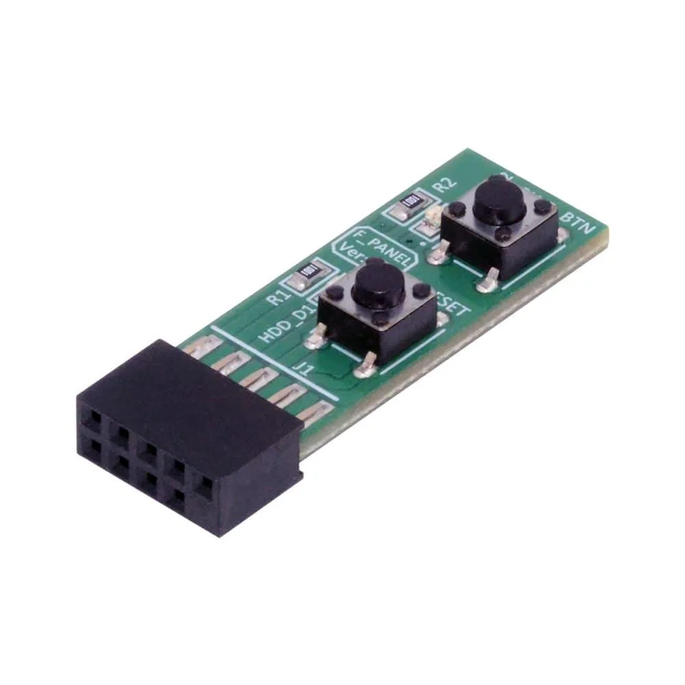 Small green circuit board with a 10 pin header and a push button