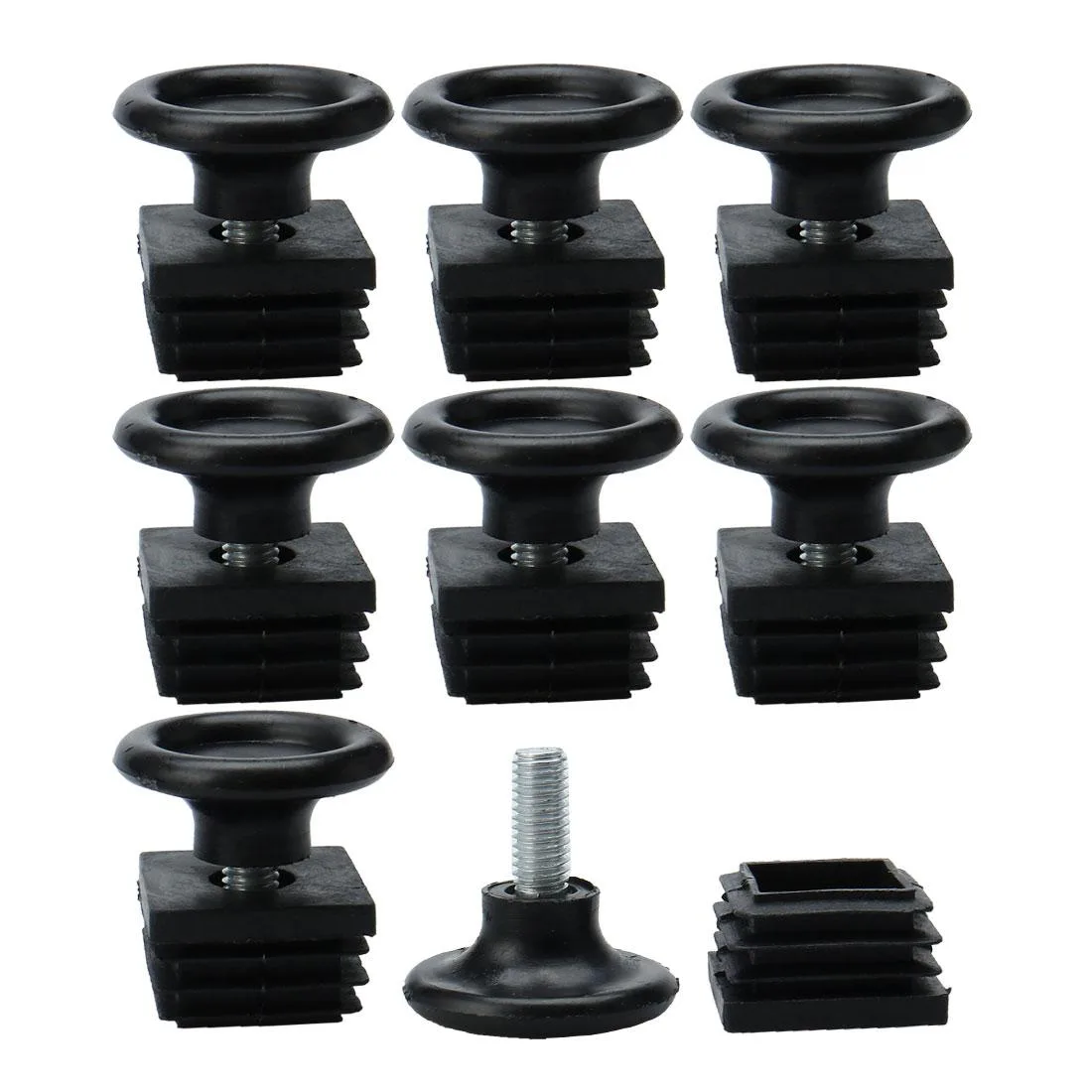 Eight black plastic leveling feet with threaded metal stems and square tube inserts