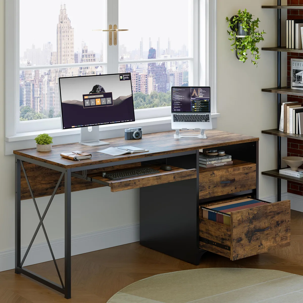 Retro gray oak desk with drawers, keyboard tray, file cabinet, X-crossbar, 55.1 by 21.7 inches