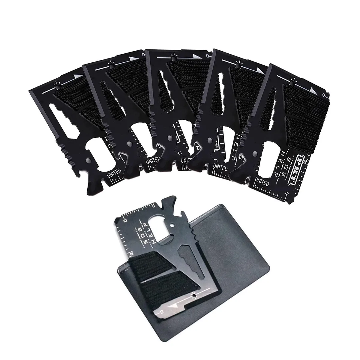 Black credit-card sized metal multitool, 8.7 x 5.5 x 0.18 cm, 14 functions