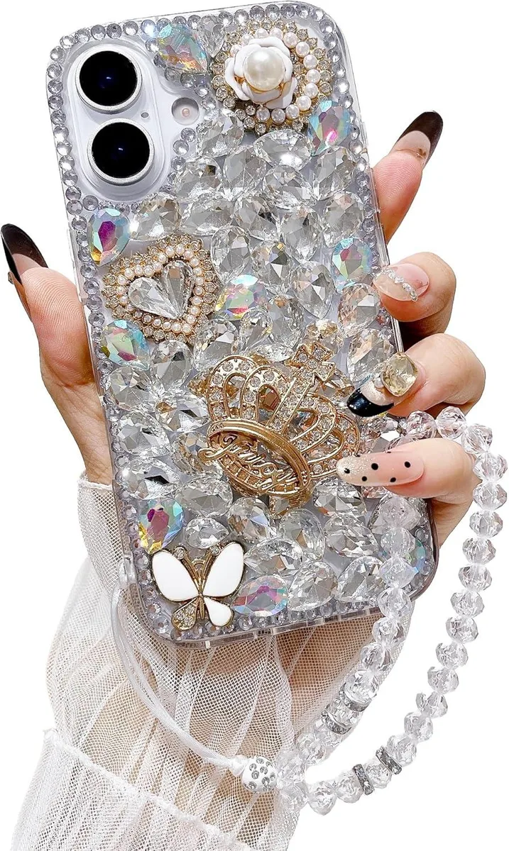 Clear iPhone 17 case with glitter rhinestones, butterfly crown and strap