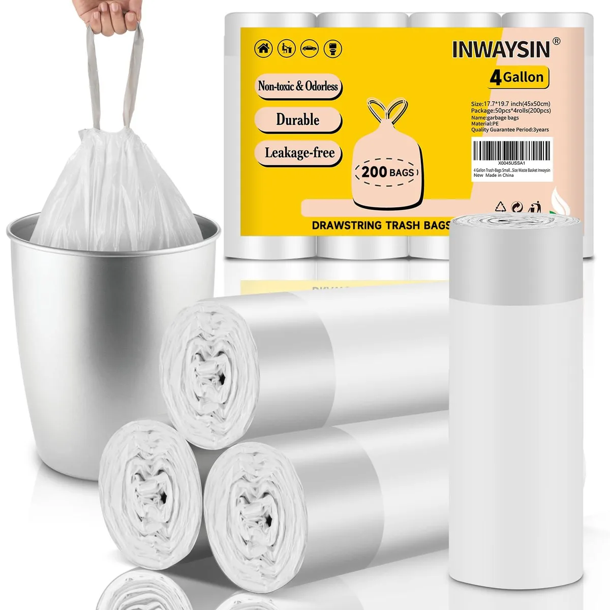 White semi-transparent 4-gallon drawstring trash bags in roll pack