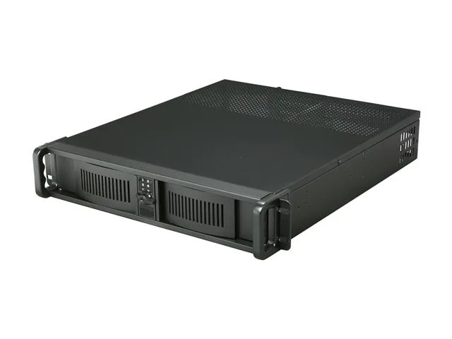 Black 2U rackmount server chassis with aluminum front bezel, two 5.25-inch and two 3.5-inch drive bays, front USB ports