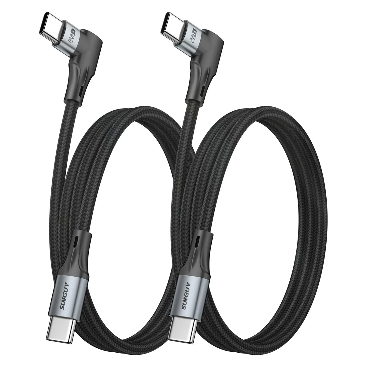 Two grey braided USB-C cables with 90-degree angled connectors lying coiled