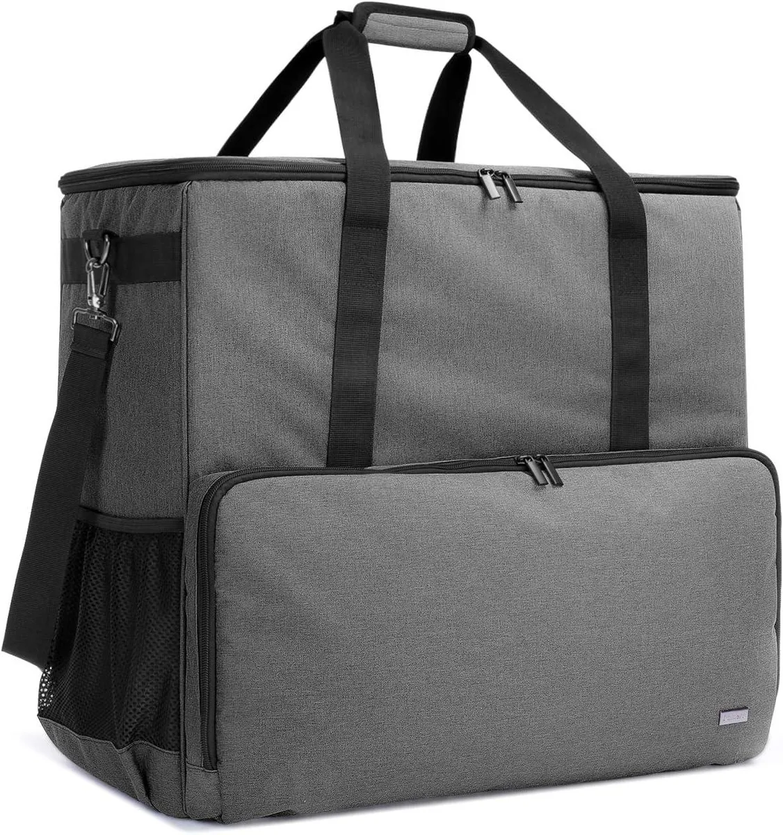 Grey backpack-style computer carry bag with padded main compartment, multiple organiser pockets