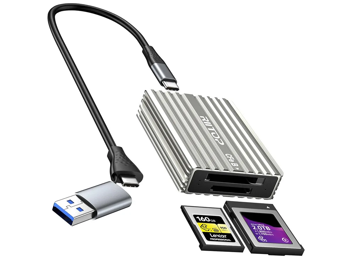 RIITOP RIITOP CFexpress Type B and A Card Reader USB 3.2 Gen2 10Gbps USB A/USB C Aluminum Gray — product photo