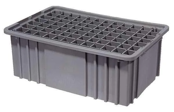 Grey polyethylene divider box, rectangular, smooth finish, open top with grid slots