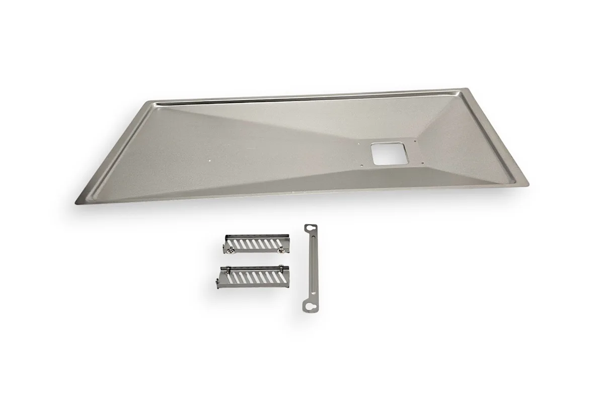 Rectangular metal grease pan with raised edges and handle cutout