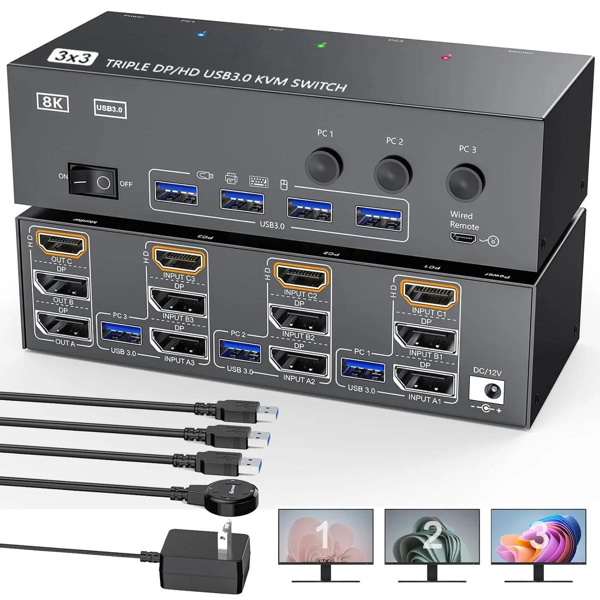 WRIARICH WRIARICH 2 DP 1.4 + HDMI 2.1 KVM Switch 3 Mon 3 PC 8K 60 4K 144 4 USB 3.0 — product photo
