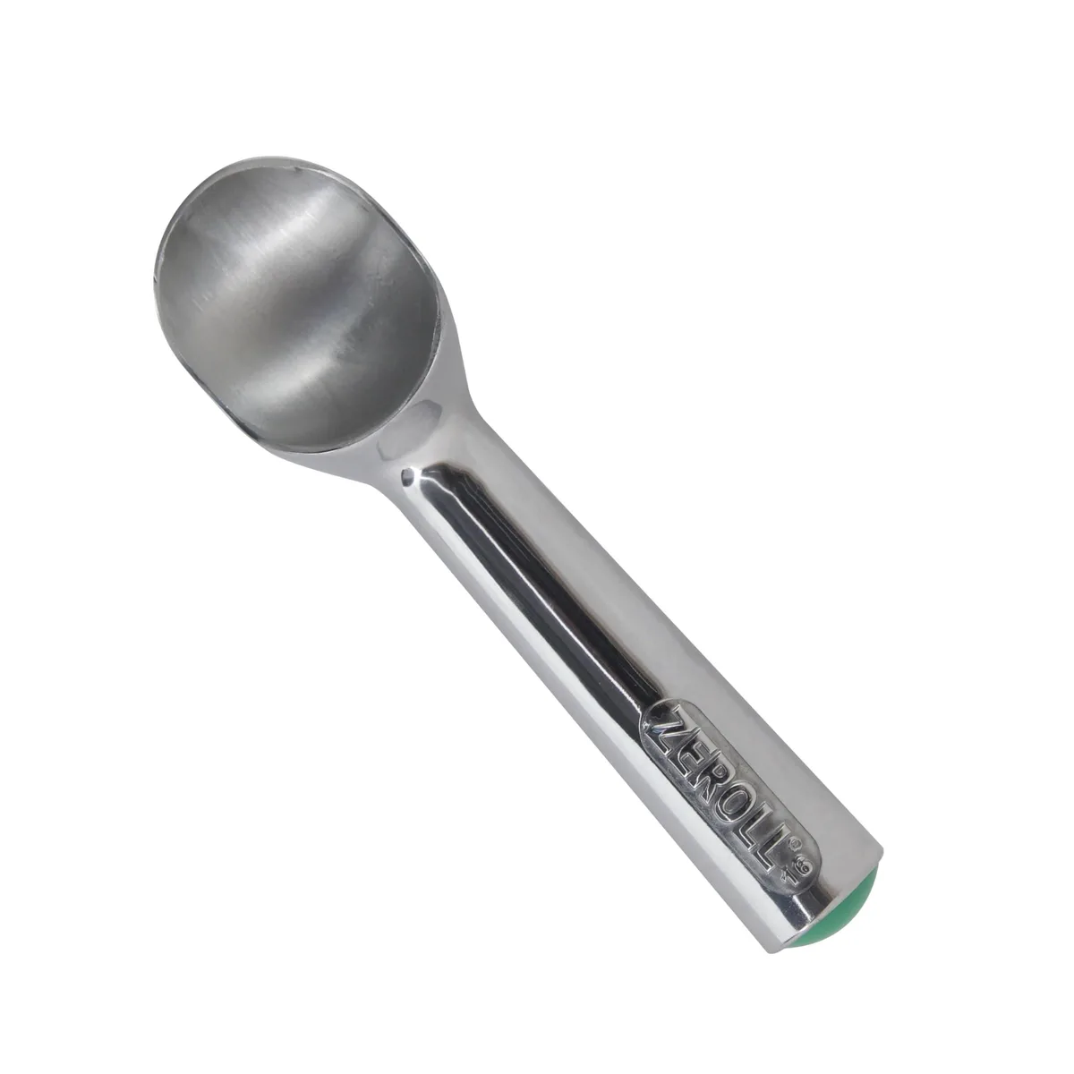 Silver aluminium ice cream scoop with liquid-filled handle, one-piece design
