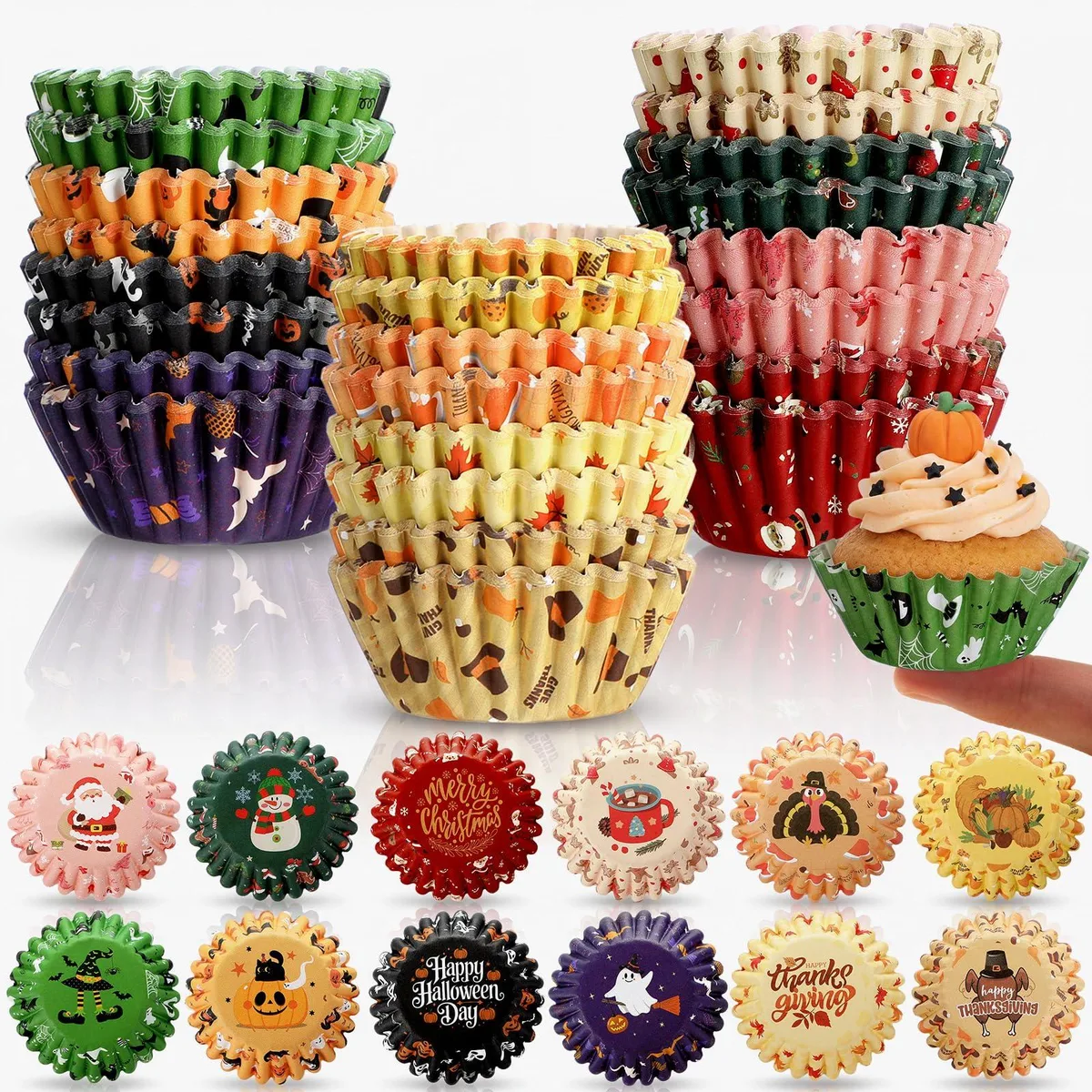 Pack of 600 mini paper cupcake liners in 12 holiday designs