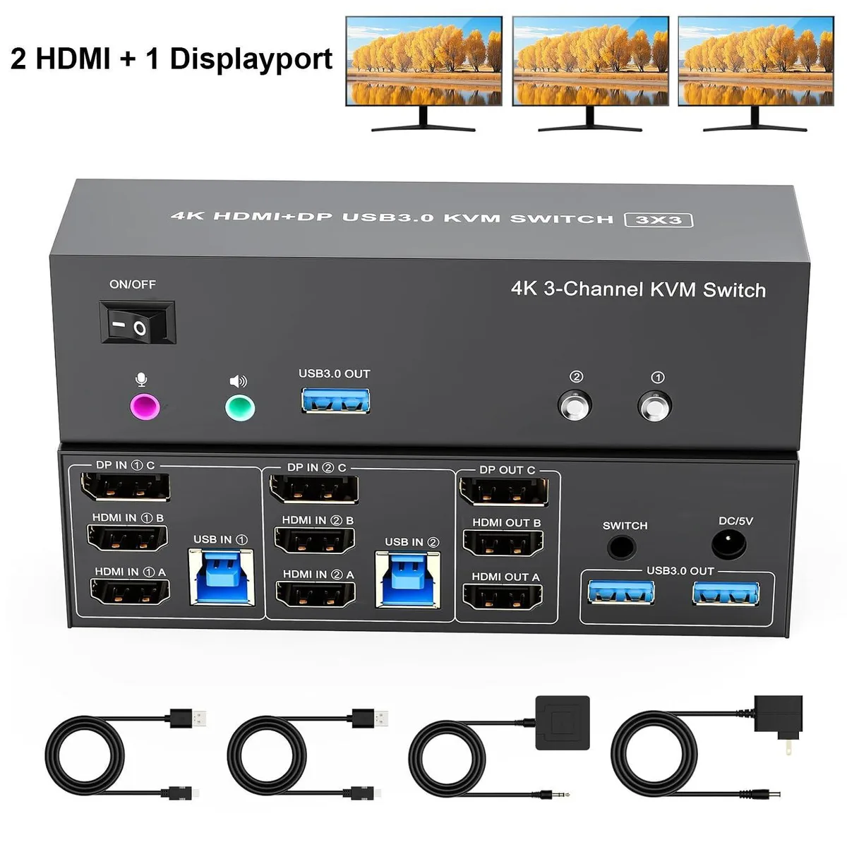 WRIARICH WRIARICH KVM Switch 3 Monitors 2 Computers DP + 2 HDMI 4K@60Hz USB 3.0 — product photo