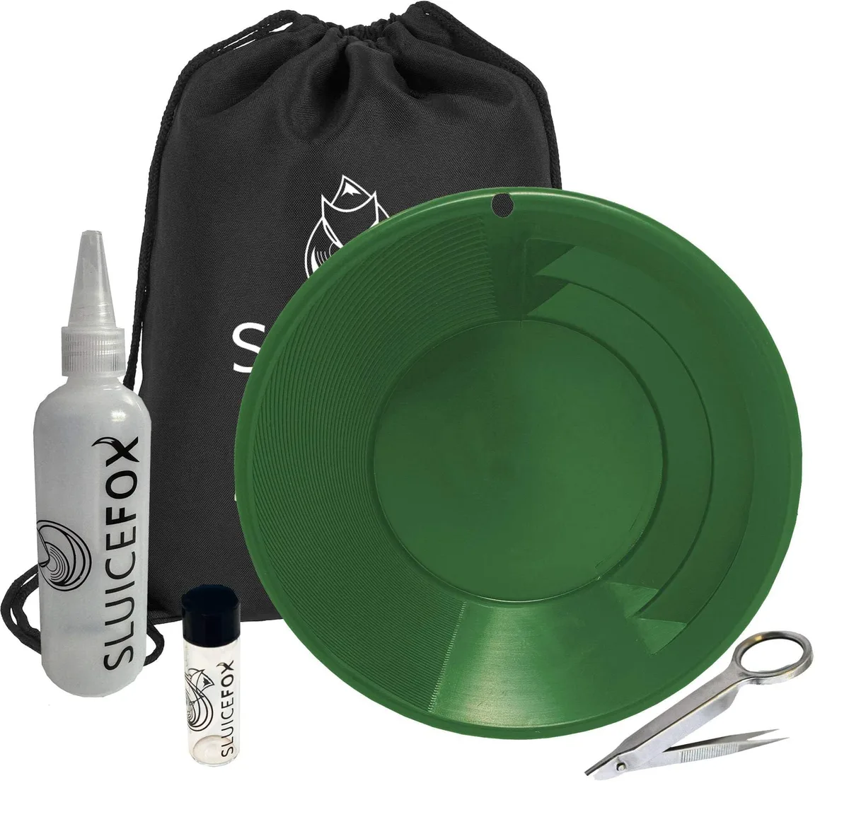 Green plastic gold pan with spiral riffles, snifter bottle, glass vial and tweezers in drawstring bag