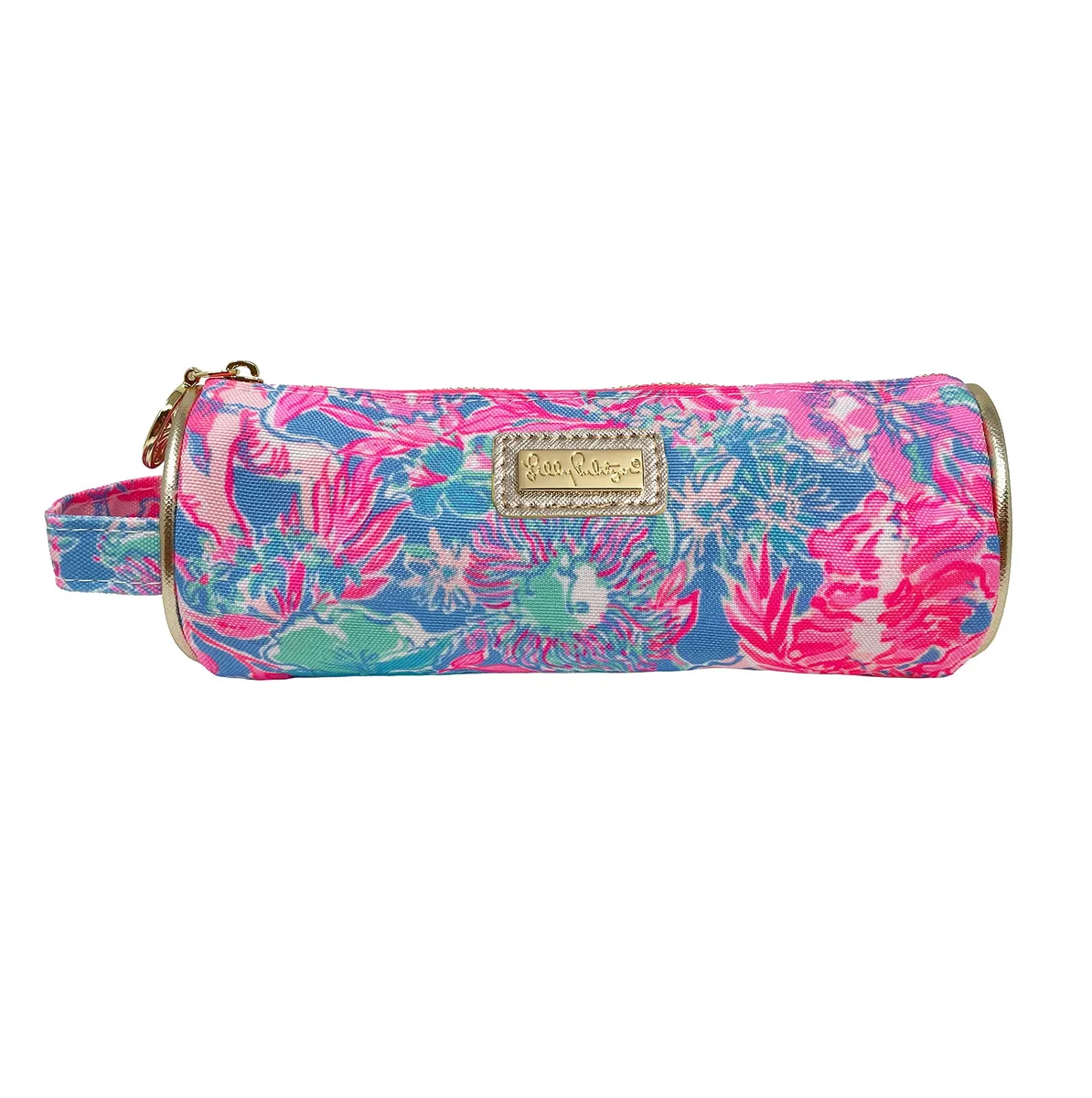 Red canvas pencil case with Viva La Lilly print, gold zip, handle and logo plaque