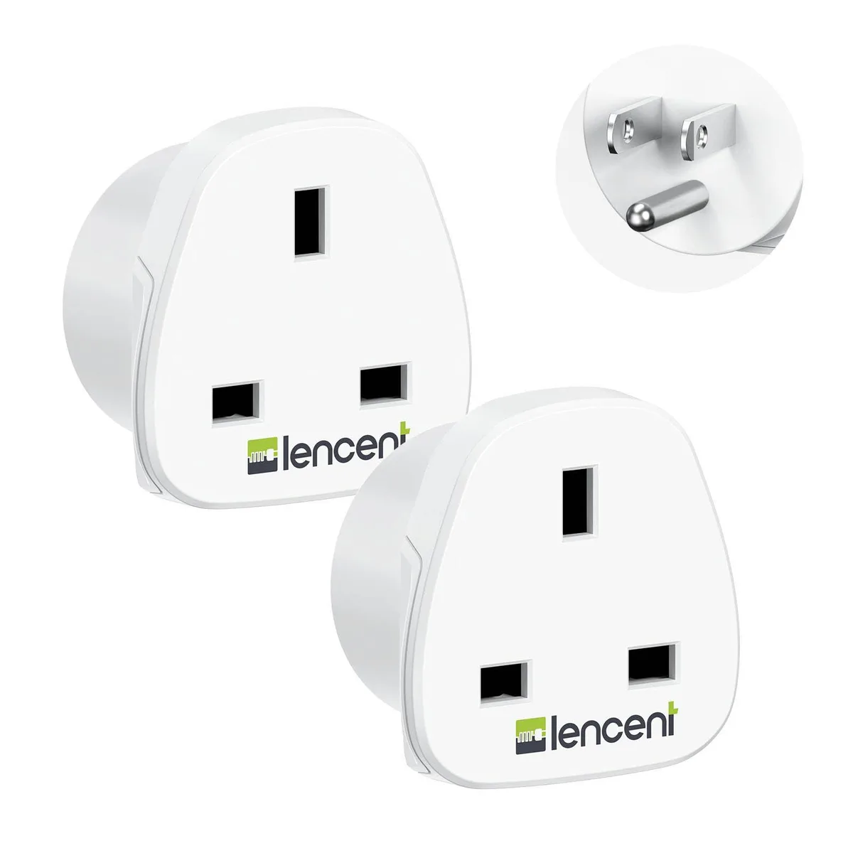 Two white compact UK-to-US plug adapters with grounded pins, 1.96 by 1.96 by 1.18 inches