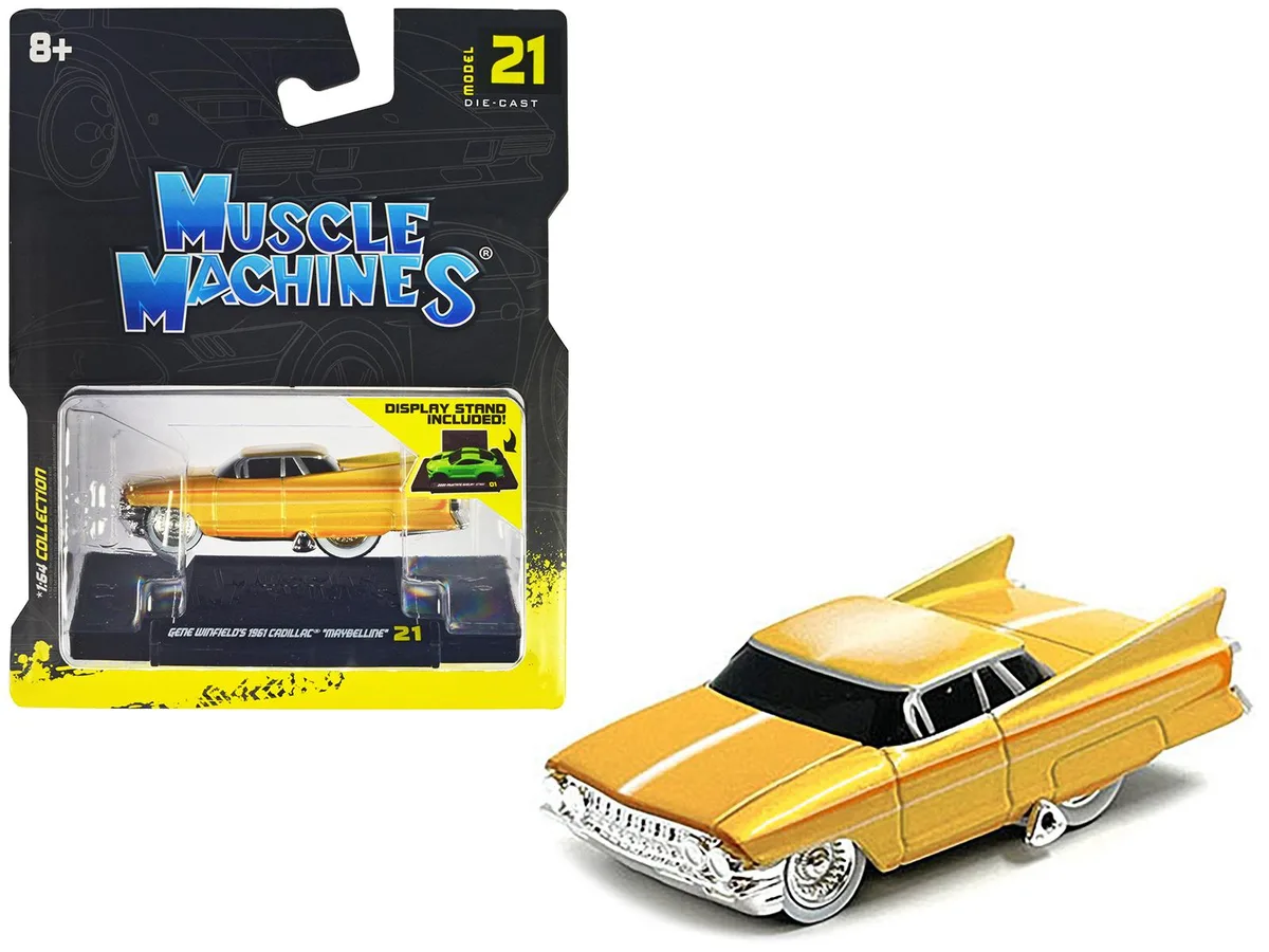 Muscle Machines Muscle Machines Gene Winfield 1961 Cadillac Maybelline Yellow Metallic White Stripes 1/64 Diecast Car — product photo
