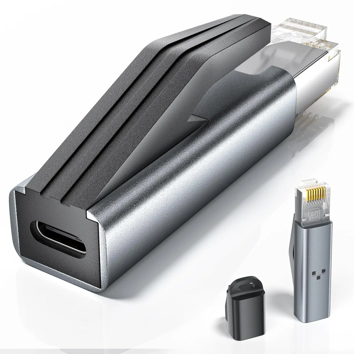 Compact grey USB-C to RJ45 adapter with 90-degree plug