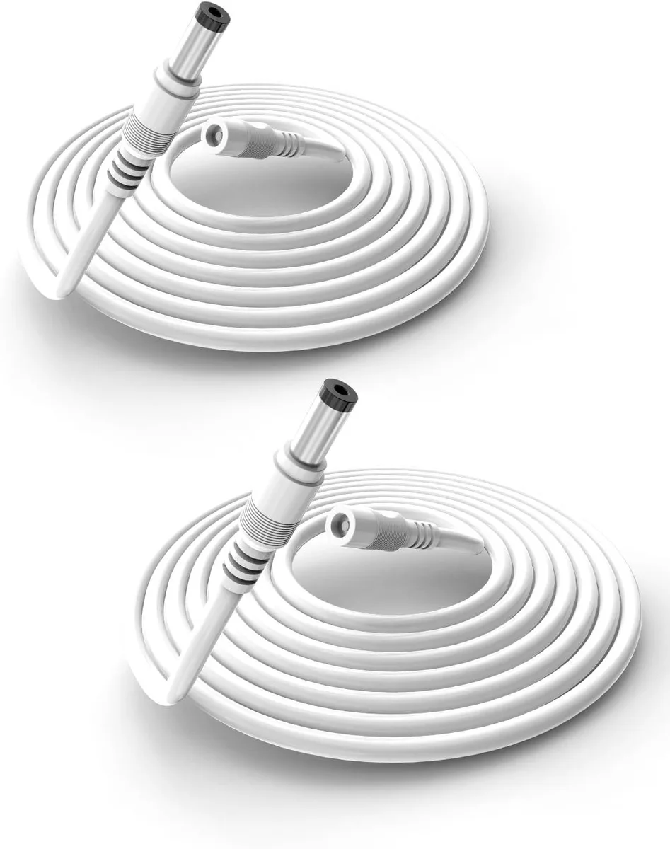 Two white DC power extension cables, 5.5 by 2.1 mm barrel connectors, male to female