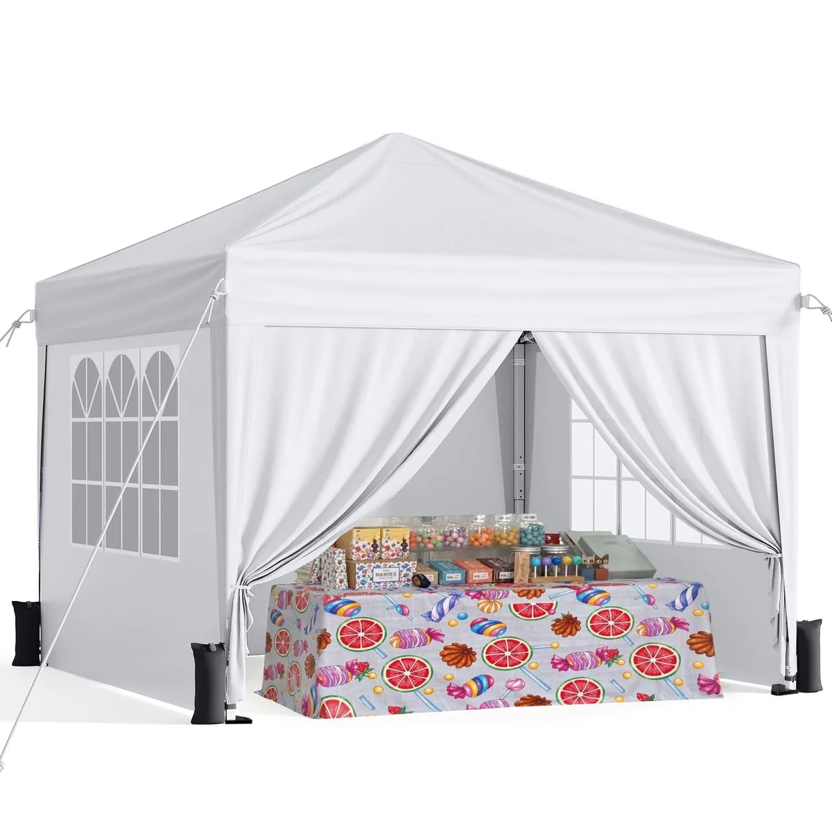Blue pop-up canopy frame with four attached sidewalls and carry bag