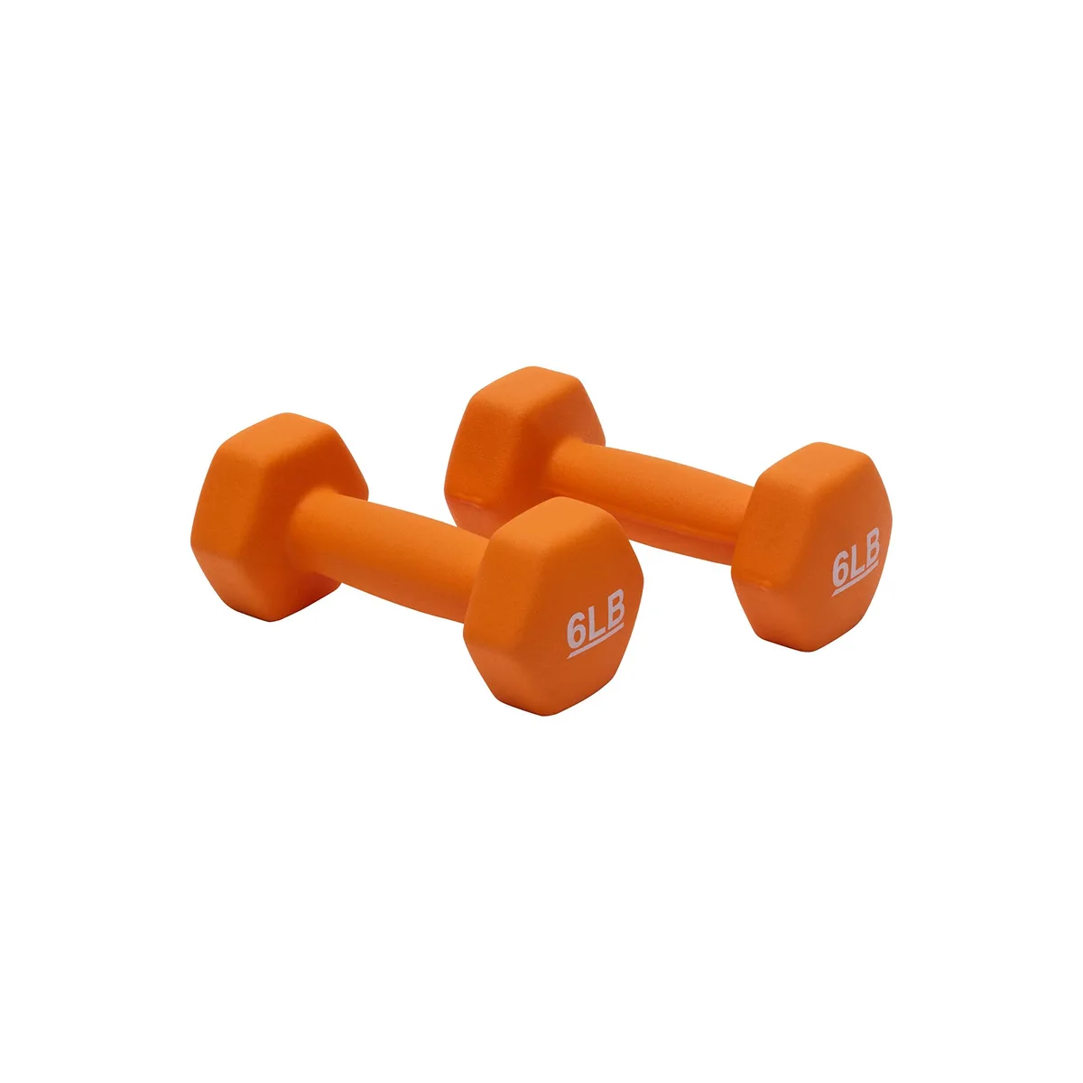 Pair of orange hexagon neoprene dumbbells with printed weight numbers