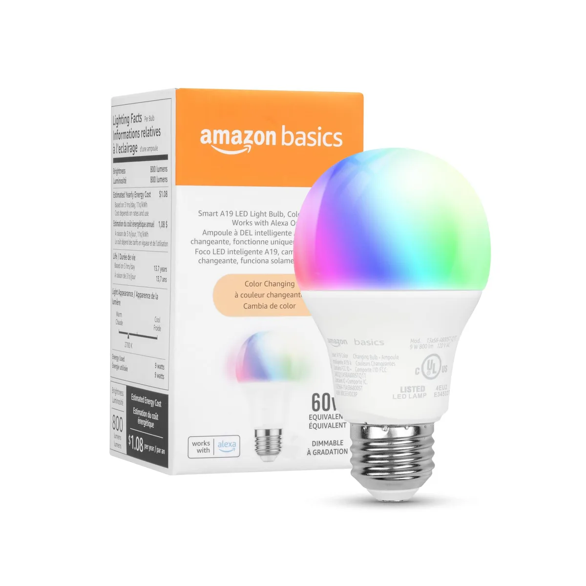 A standard A19 LED bulb with a frosted white finish and a silver screw base
