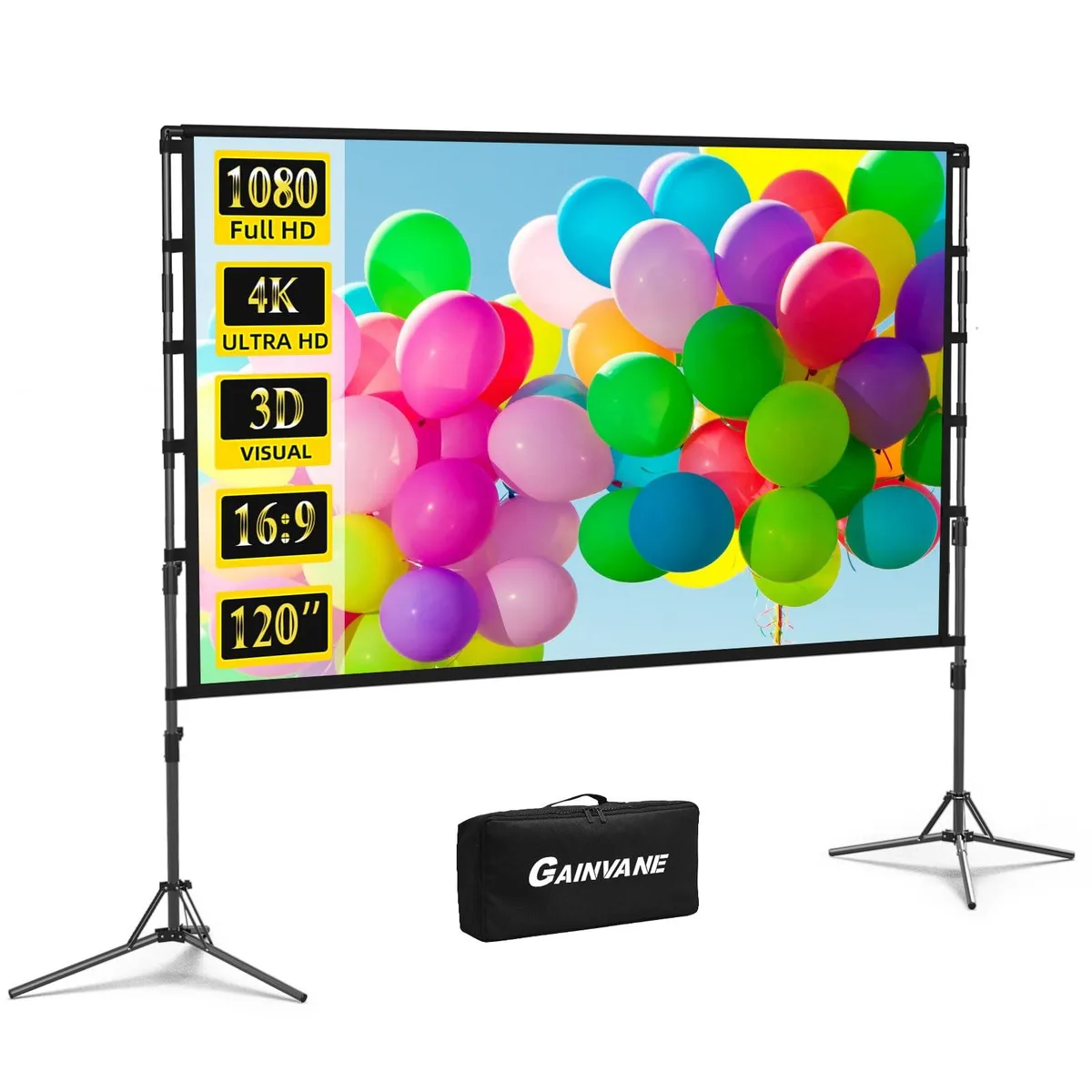 120 inch white polyester screen on silver tripod stand with carry bag