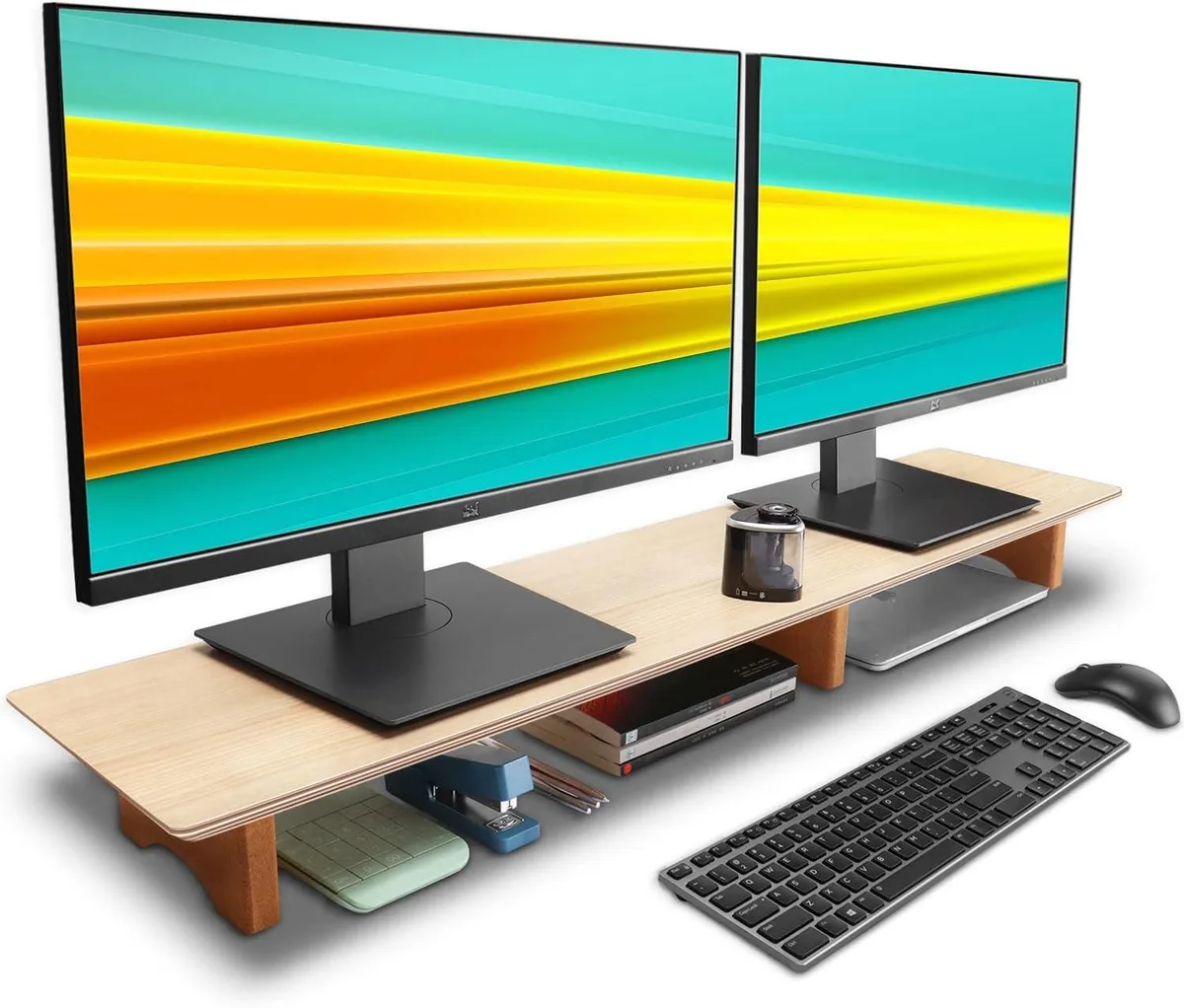 PISKEKAT PISKEKAT 39in Oak &amp; Cork Dual Monitor Stand Riser — product photo
