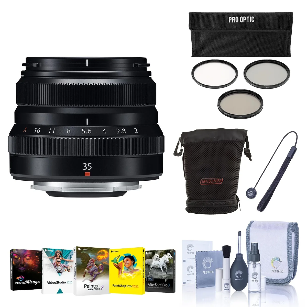 FUJIFILM FUJIFILM XF 35mm f/2 R WR Lens, Black, Bundle with Filter Kit, Case, Cleaning Kit, Cap Tether, Software — product photo