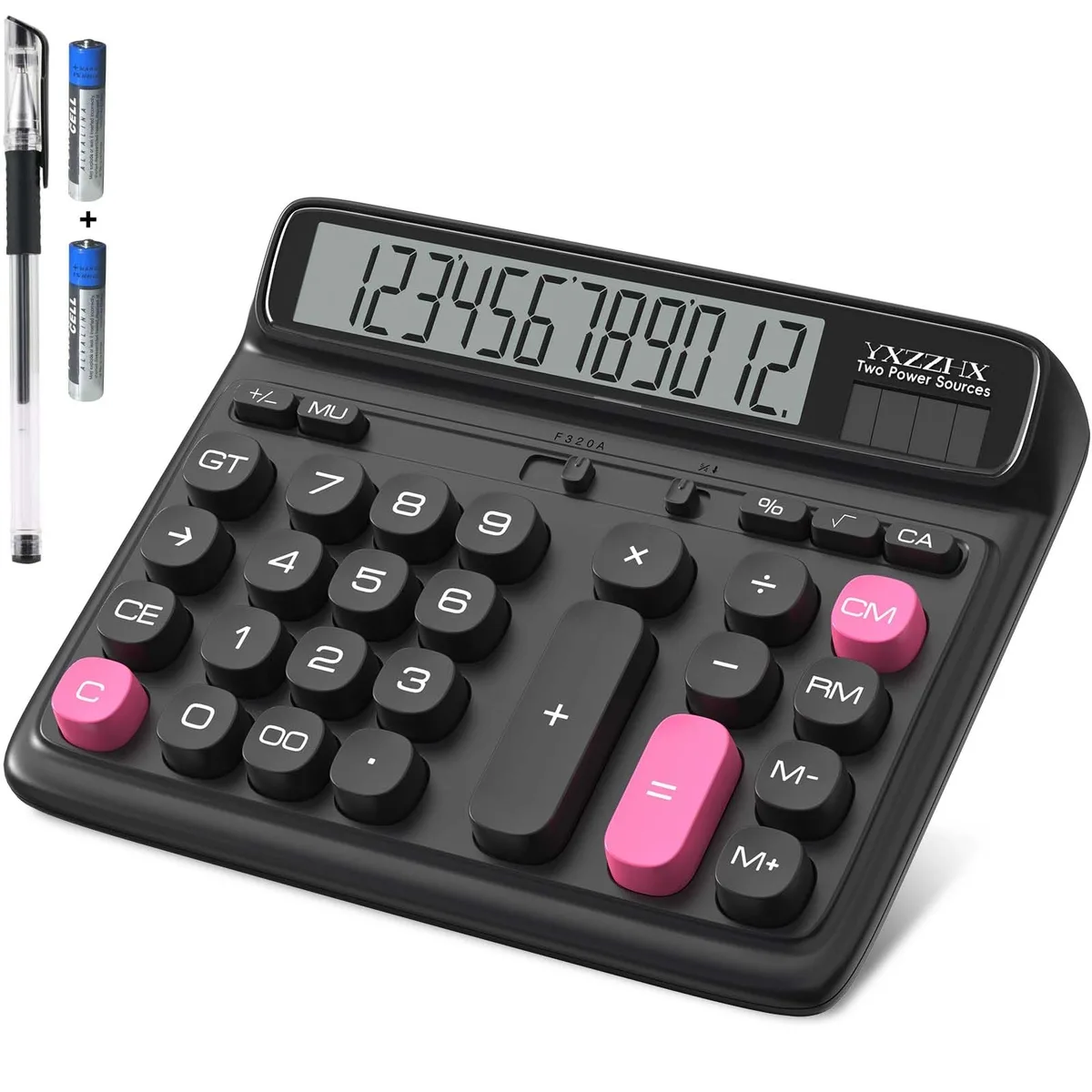 Black and pink HP desktop calculator with angled 5in LCD and large keys